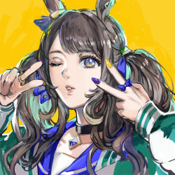 Rule 34 | 1girl, animal ears, brown hair, collar, double v, green jacket, grey eyes, hands up, highres, horse ears, jacket, jewelry, long hair, long sleeves, looking at viewer, multicolored nails, nail polish, one eye closed, otimusyairoha, parted lips, ring, sailor collar, simple background, solo, tosen jordan (umamusume), twintails, umamusume, upper body, v, v over eye, yellow background