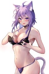 Rule 34 | 1girl, ahoge, animal ear fluff, animal ears, bikini, blush, breasts, cat ears, cat girl, cat tail, cleavage, hair between eyes, highres, hololive, large breasts, looking at viewer, navel, nekomata okayu, open mouth, purple eyes, purple hair, short hair, smile, solo, swimsuit, tail, tako 8 yaki, virtual youtuber, wet