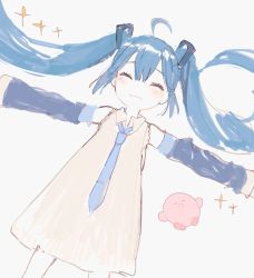 Rule 34 | 1girl, ahoge, bare shoulders, blue hair, blue necktie, blush, closed eyes, closed mouth, creature, detached sleeves, dress, grey background, hair between eyes, hatsune miku, highres, kirby, kirby (series), long hair, lying, necktie, nintendo, nprmtp, on back, open mouth, simple background, sketch, sleeping, tearing up, vocaloid