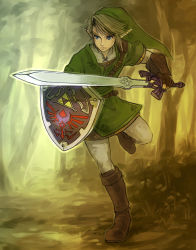 Rule 34 | 1boy, bad id, bad pixiv id, blonde hair, blue eyes, earrings, forest, gloves, hat, hylian shield, jewelry, kutizusamu, link, male focus, master sword, nature, nintendo, pointy ears, shield, solo, sword, the legend of zelda, the legend of zelda: twilight princess, weapon
