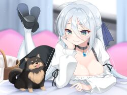 Rule 34 | 1girl, ahoge, black choker, black dog, black footwear, black ribbon, blue gemstone, blue ribbon, blurry, blurry background, blush, braid, breasts, choker, cleavage, cleavage cutout, closed mouth, clothing cutout, commentary request, crossed legs, dog, dog request, double-parted bangs, french braid, frilled shirt, frills, gem, green eyes, grey hair, hair between eyes, hair ribbon, hand on own cheek, hand on own face, indoors, juliet sleeves, large breasts, long hair, long sleeves, looking at animal, lying, on bed, on stomach, original, puffy sleeves, ribbon, shirt, smile, tatsuya (trypaint), the pose, tongue, tongue out, very long hair, white shirt