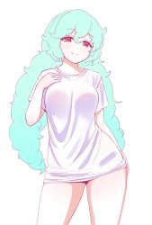 Rule 34 | 1girl, aqua hair, at-4 pani, blush, breasts, contrapposto, cowboy shot, curly hair, gluteal fold, grin, hair between eyes, hand on own hip, hand on own chest, highres, last origin, long hair, looking at viewer, low twintails, manme, medium breasts, red eyes, shirt, short sleeves, simple background, smile, solo, standing, t-shirt, twintails, very long hair, white background, white shirt