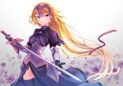 Rule 34 | 1girl, absurdres, armor, armored dress, black dress, black thighhighs, blonde hair, chain, cowboy shot, dress, fate/apocrypha, fate (series), floating hair, gauntlets, gradient background, hair ribbon, highres, holding, holding sword, holding weapon, jeanne d&#039;arc (fate), jeanne d&#039;arc (ruler) (fate), long hair, purple eyes, purple ribbon, ribbon, solo, standing, sword, thighhighs, very long hair, weapon, yuu ms1974
