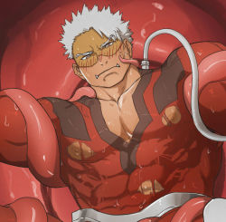 Rule 34 | 1boy, alternate skin color, bara, bare pectorals, blush, bodysuit, boku no hero academia, bound, bound arms, cleavage cutout, clothing cutout, covered abs, cross scar, facial scar, fangs, kulolin, large pectorals, male focus, muscular, muscular male, nipples, paid reward available, pectoral cleavage, pectorals, red bodysuit, paid reward available, scar, scar on cheek, scar on face, short hair, solo, tentacles, tentacles on male, torn bodysuit, torn clothes, vlad king (boku no hero academia), white hair
