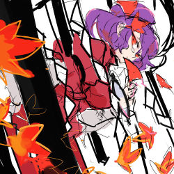 Rule 34 | 1girl, commentary request, falling leaves, hair ornament, leaf, looking at viewer, lowres, maple leaf, notoro, purple hair, red eyes, rope, shimenawa, short hair, solo, tears, touhou, yasaka kanako