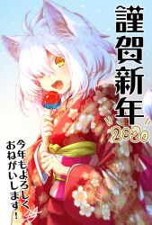 Rule 34 | 1girl, 2020, ;d, animal ears, candy apple, cat ears, cat girl, cat tail, fang, floral print, food, highres, hood, hood down, hooded kimono, japanese clothes, kimono, long sleeves, looking at viewer, mono (nekogoya), obi, one eye closed, open mouth, original, red kimono, sash, short hair, smile, tail, white hair