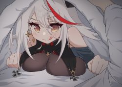 Rule 34 | 1boy, 1girl, aegir (azur lane), azur lane, bare shoulders, bed, bed sheet, black dress, blanket, bodystocking, breast curtains, breast press, breasts, chinese commentary, cross, dress, hao rin, highres, iron cross, large breasts, licking lips, looking at viewer, lying, multicolored hair, on bed, on stomach, out of frame, red hair, streaked hair, tongue, tongue out, two-tone hair, under covers, white hair, yellow eyes