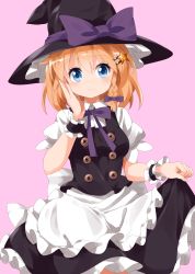 Rule 34 | 1girl, alice margatroid, apron, blonde hair, blue eyes, bow, braid, cosplay, hair ornament, hairclip, hand on own cheek, hand on own face, hat, hat bow, highres, kirisame marisa, kirisame marisa (cosplay), looking at viewer, pink background, puffy short sleeves, puffy sleeves, ruu (tksymkw), short hair, short sleeves, side braid, simple background, single braid, skirt hold, smile, solo, star (symbol), star hair ornament, touhou, waist apron, witch hat, wrist cuffs