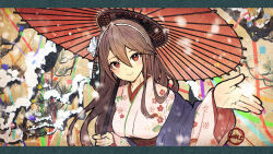 Rule 34 | 1girl, artist name, black hair, breasts, brown eyes, closed mouth, floral print, hair between eyes, hair ornament, hairclip, haruna (kancolle), holding, holding umbrella, japanese clothes, jewelry, kantai collection, kimono, large breasts, long hair, long sleeves, looking at viewer, oil-paper umbrella, print kimono, ring, smile, solo, umbrella, upper body, wedding ring, white kimono, wide sleeves, wss (nicoseiga19993411)