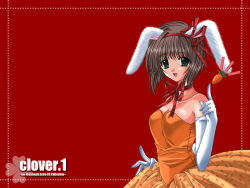 Rule 34 | 1girl, :d, animal ears, artist name, bare shoulders, breasts, brown hair, carrot, choker, cleavage, clover, clover (game cg), collarbone, copyright name, dress, elbow gloves, food print, from side, gloves, green eyes, hair ribbon, highres, index finger raised, medium breasts, nishimata aoi, open mouth, orange dress, print dress, rabbit ears, red background, red ribbon, ribbon, ribbon choker, short hair, simple background, smile, solo, strapless, strapless dress, tareme, wallpaper, white gloves