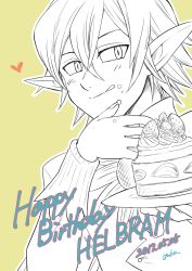 Rule 34 | 10s, 1boy, blush, buttons, cake, cake slice, dated, fairy, flower, food, food on face, hair between eyes, happy birthday, harumiya, helbram, licking lips, long sleeves, looking to the side, nanatsu no taizai, plate, pointy ears, strawberry shortcake, tongue, tongue out, yellow background
