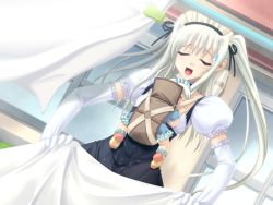 Rule 34 | 2girls, baby, black dress, breasts, ema airin, game cg, happy, headdress, laundry, maid, minna daisuki kozukuri banchou, mother and daughter, multiple girls, open mouth, peeing, red eyes, silver hair, small breasts, sweat, wet
