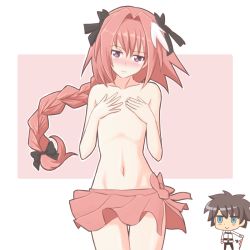 Rule 34 | 2boys, astolfo (fate), atair, black ribbon, blush, blush stickers, bra, brown hair, covering privates, covering breasts, covering chest, embarrassed, fate/apocrypha, fate/grand order, fate (series), fujimaru ritsuka (male), hair ribbon, holding, holding bra, holding clothes, holding underwear, long hair, looking at another, looking at viewer, male focus, multiple boys, navel, pink hair, ribbon, riyo (lyomsnpmp) (style), simple background, skirt, solo focus, topless male, trap, underwear
