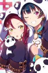 Rule 34 | 2girls, :o, animal hood, blue hair, blush, chinese clothes, clothing cutout, commentary request, earrings, gold trim, grin, hair ornament, hairclip, hat, highres, holding, hood, hood up, jewelry, long hair, love live!, love live! school idol festival, love live! sunshine!!, mia (fai1510), multiple girls, one eye closed, panda, panda hair ornament, panda hood, purple eyes, red hair, sakurauchi riko, shoulder cutout, sleeves past fingers, sleeves past wrists, smile, sparkle, teardrop, tsushima yoshiko, upper body, v-shaped eyebrows, yellow eyes