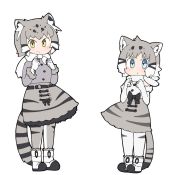 Rule 34 | 1girl, animal ears, animated, black hair, blue eyes, cat ears, cat girl, cat tail, commentary request, dancing, dual persona, elbow gloves, full body, gloves, grey hair, height difference, kemono friends, looking at viewer, medium hair, multicolored hair, pallas&#039;s cat (kemono friends), pantyhose, scarf, shirt, simple background, skirt, sleeveless, smile, solo, striped tail, tail, taro (tontaro), ugoira, video, white background, white hair, yellow eyes