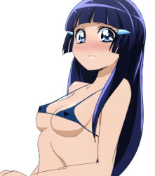 Rule 34 | 10s, 1girl, aoki reika, bikini, bikini top only, blue eyes, blue hair, blush, breasts, covered erect nipples, long hair, looking at viewer, matching hair/eyes, oimanji, precure, simple background, small breasts, smile precure!, solo, swimsuit, white background
