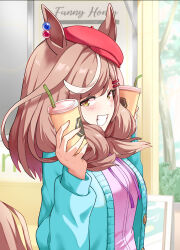 Rule 34 | 1girl, absurdres, animal ears, aqua jacket, blush, breasts, brown hair, commentary request, condensation, cup, disposable cup, gomesu (gomes0343), grin, hair ornament, hairclip, hands up, hat, highres, holding, holding cup, horse ears, horse girl, horse tail, jacket, long sleeves, looking at viewer, looking to the side, matikane tannhauser (umamusume), medium hair, multicolored hair, open clothes, open jacket, outdoors, pink shirt, red hat, shirt, small breasts, smile, solo, streaked hair, tail, tree, umamusume, upper body, yellow eyes