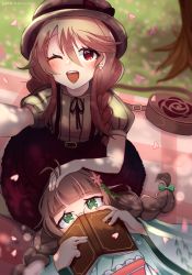 Rule 34 | 2girls, ;d, alternate hair color, anime music quiz, artist name, bag, black headwear, blanket, blush, book, braid, brown hair, carpisu, dated, day, earrings, flower, glasses, glint, grass, green eyes, hair flower, hair ornament, handbag, highres, honoka (amq), japanese clothes, jewelry, kimono, long hair, looking at viewer, multiple girls, obi, one eye closed, open book, open mouth, outdoors, petals, plaid, puffy short sleeves, puffy sleeves, red eyes, sash, second-party source, short sleeves, sidelocks, smile, stud earrings, twin braids, twintails