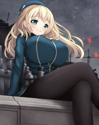 Rule 34 | 10s, 1girl, aqua eyes, atago (kancolle), blonde hair, breasts, dress, female focus, green eyes, hat, huge breasts, kantai collection, long hair, outdoors, pantyhose, sitting, smile, solo, tamago kago, weapon