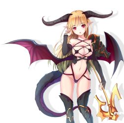 Rule 34 | 1girl, blonde hair, breasts, cleavage, demon girl, demon wings, dragon tail, highres, horns, long hair, navel, open mouth, original, pointy ears, red eyes, solo, staff, tail, takibi (tamikyo), very long hair, white background, wings