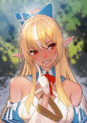 Rule 34 | 1girl, absurdres, bare shoulders, blonde hair, blue bow, blurry, blurry background, blush, bow, breasts, commentary, dark-skinned female, dark skin, elf, gloves, grin, hair between eyes, hair bow, head tilt, high ponytail, highres, hololive, index finger raised, large breasts, light blush, long hair, long sleeves, looking to the side, multicolored hair, nose blush, pointy ears, red eyes, shiranui flare, shiranui flare (1st costume), sidelocks, smile, solo, sparkle, streaked hair, takami masahiro, two-tone hair, upper body, virtual youtuber, white gloves, white hair, wide sleeves