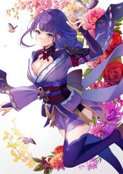 Rule 34 | 1girl, breasts, bridal gauntlets, cleavage, commentary request, floral background, flower, genshin impact, highres, japanese clothes, kimono, large breasts, long hair, long sleeves, looking at viewer, low-braided long hair, low-tied long hair, mitsudomoe (shape), mole, mole under eye, obiage, obijime, purple bridal gauntlets, purple eyes, purple hair, purple kimono, purple nails, purple shrug, purple thighhighs, raiden shogun, red flower, red rose, rose, shiroichigo, short kimono, simple background, solo, thighhighs, tomoe (symbol), white background, wide sleeves