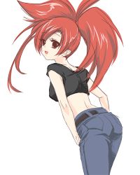 Rule 34 | 00s, 1girl, babydoll t-shirt, bad id, bad pixiv id, belt, creatures (company), crop top, denim, flannery (pokemon), game freak, gym leader, jeans, looking back, midriff, nintendo, pants, pokemon, pokemon rse, red eyes, red hair, saotome minami, shirt, simple background, smile, solo, t-shirt, twintails, white background