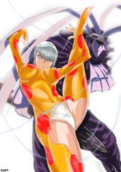 Rule 34 | 1girl, 1other, armpits, arms up, artist request, ass, bodysuit, breasts, from below, gluteal fold, grey eyes, grey hair, groin, hair between eyes, harlequin (karakuri circus), karakuri circus, large breasts, leg lift, leg up, looking at viewer, marionette, panties, parted lips, polka dot, puppet, shiny clothes, shirogane (karakuri circus), short hair, simple background, skin tight, thighs, torn clothes, underwear, white background, white panties, wide hips