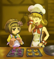 Rule 34 | 2girls, apron, bare shoulders, blush, blush stickers, breasts, brown eyes, brown hair, choker, closed eyes, flower, food, hairband, harriet campbell, hat, long hair, mimi bread, multiple girls, open mouth, scarf, tales of (series), tales of legendia