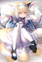 Rule 34 | 1girl, absurdres, animal ear fluff, animal ears, arknights, bare shoulders, black footwear, blonde hair, blue hair, blush, braid, braided hair rings, breasts, clothing cutout, commentary request, frilled skirt, frills, gradient hair, green eyes, hair between eyes, hair rings, highres, infection monitor (arknights), looking at viewer, multicolored hair, multiple tails, outstretched arms, pantyhose, parted lips, pottsness, purple skirt, shoe soles, shoes, short sleeves, shoulder cutout, skirt, small breasts, solo, suzuran (arknights), tail, tears, white hair, white pantyhose, wrist cuffs