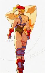 Rule 34 | 1990s (style), 1girl, adapted costume, ahoge, alternate hair length, alternate hairstyle, antenna hair, armor, ass, backless leotard, blonde hair, blue eyes, bracer, cammy white, capcom, chest harness, clenched hands, flat ass, from behind, full body, garrison cap, greaves, green leotard, harness, hat, highleg, highleg leotard, highres, knee pads, leotard, looking at viewer, looking back, muscular, muscular female, no bra, retro artstyle, scar, setsuna kasugano, short hair, shoulder blades, solo, street fighter, street fighter v, thigh strap, thong leotard, very short hair