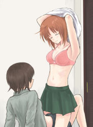 Rule 34 | 10s, 2girls, arms up, black skirt, blouse, blush, bow, bow bra, bra, breasts, cleavage, closed mouth, clothes lift, doorway, closed eyes, facing another, frown, girls und panzer, green skirt, grey shirt, incest, indoors, kneeling, lace, lace-trimmed bra, lace trim, long sleeves, looking at another, lying, medium breasts, miniskirt, multiple girls, mutsu (layergreen), navel, nishizumi maho, nishizumi miho, on back, ooarai school uniform, pink bra, pleated skirt, school uniform, shirt, shirt lift, siblings, sisters, skirt, smile, straddling, underwear, undressing, white shirt, yuri