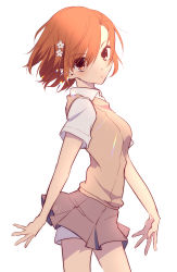Rule 34 | 1girl, absurdres, asymmetrical bangs, bob cut, breasts, brown eyes, brown hair, cowboy shot, flower, from side, grey skirt, hair flower, hair ornament, hakoniwa (5ma suke), highres, lens flare, looking at viewer, looking to the side, misaka mikoto, pleated skirt, school uniform, shirt, shorts, shorts under skirt, simple background, skirt, small breasts, solo, spread fingers, sweater vest, toaru majutsu no index, tokiwadai school uniform, vest, white background, white flower, white shirt