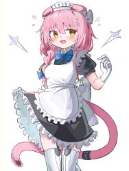 Rule 34 | 1girl, :d, alternate costume, animal ears, apron, arknights, black dress, blue bow, blush, bow, braid, breasts, cat ears, cat girl, cat tail, collared dress, dress, enmaided, flying sweatdrops, frilled apron, frilled dress, frills, garter straps, gloves, goldenglow (arknights), hair between eyes, hair bow, hair over shoulder, highres, lightning bolt symbol, long hair, maid, maid headdress, open mouth, orange eyes, pink hair, puffy short sleeves, puffy sleeves, short sleeves, simple background, single braid, skirt hold, small breasts, smile, solo, spam (spamham4506), sweat, tail, thighhighs, white apron, white background, white gloves, white thighhighs