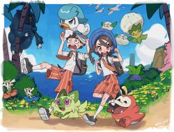 Rule 34 | 1boy, 1girl, absurdres, bag, black footwear, blue headwear, blue sky, braid, brown eyes, brown hair, closed eyes, closed mouth, cloud, commentary, cottonee, creatures (company), day, eldegoss, falling, fangs, flabebe, flabebe (blue flower), flabebe (red flower), florian (pokemon), flower, from side, fuecoco, game freak, gen 1 pokemon, gen 2 pokemon, gen 3 pokemon, gen 5 pokemon, gen 6 pokemon, gen 8 pokemon, grass, hat, heracross, highres, juliana (pokemon), long hair, looking at another, necktie, nintendo, ocean, oddish, orange necktie, orange shorts, outdoors, pokemon, pokemon (creature), pokemon sv, purple eyes, quaxly, road, running, school bag, shirt, shoes, short hair, short sleeves, shorts, sky, slowpoke, smile, socks, sprigatito, symbol-only commentary, tail, teeth, tree, twitter username, upper teeth only, usa go13, white headwear, white legwear, white shirt, wingull, yellow eyes, yellow flower