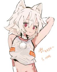 Rule 34 | 1girl, :3, animal ears, closed mouth, crop top, ddari, hand up, highres, inubashiri momiji, korean text, looking at viewer, medium hair, navel, red eyes, shirt, simple background, smile, solo, solo focus, touhou, upper body, white hair, white shirt, wolf ears