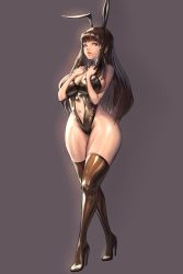 Rule 34 | 1girl, animal ears, black hair, black leotard, blade &amp; soul, blue eyes, blunt bangs, boots, breast press, breasts, closed mouth, clothing cutout, curvy, fake animal ears, full body, furrowed brow, grey background, hand on own chest, high collar, high heel boots, high heels, highleg, highleg leotard, large breasts, leotard, lips, lipstick, long hair, looking at viewer, makeup, mole, mole under mouth, navel, navel cutout, original, playboy bunny, rabbit ears, sidelocks, simple background, sleeveless, smile, solo, standing, thick thighs, thigh boots, thighhighs, thighs, zig90