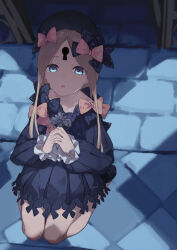 Rule 34 | 1girl, abigail williams (fate), absurdres, black dress, blonde hair, blue eyes, bow, commentary, cross, dress, fate/grand order, fate (series), hair bow, hat, highres, interlocked fingers, keyhole, long hair, paopaojiu, praying, seiza, sitting, symbol-only commentary