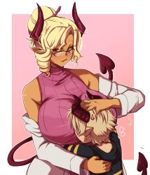 Rule 34 | 1boy, 1girl, between breasts, black-framed eyewear, black sclera, blonde hair, blush, border, breast smother, breasts, cardigan, child, chrys (chido), colored sclera, dahlia (chido), dark-skinned female, dark skin, demon boy, demon girl, demon horns, demon tail, drill hair, face between breasts, face to breasts, fingernails, glasses, hair bun, head between breasts, height difference, highres, hood, hoodie, horns, hug, huge breasts, mature female, mole, mole under eye, nail polish, off shoulder, open cardigan, open clothes, original, outside border, over-rim eyewear, pink background, pink nails, pink sweater, pointy ears, pride-kun, red horns, red tail, ribbed sweater, semi-rimless eyewear, short hair, single hair bun, sleeveless, sleeveless turtleneck, sweater, tail, turtleneck, twin drills, updo, white border, yellow eyes
