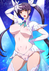 Rule 34 | 1girl, black hair, breasts, cameltoe, collar, elbow gloves, female pubic hair, frilled sleeves, frills, gloves, highres, idol, joy ride, kuon nanami, large breasts, lights, navel, nipples, open mouth, panties, paripi koumei, pubic hair, revealing clothes, see-through, thighs, twintails, underwear, white gloves, white legwear, white panties, yellow eyes