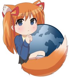 Rule 34 | 1girl, animal ear fluff, animal ears, blue eyes, blue jacket, blush, clenched hand, closed mouth, commentary, earth (planet), fox ears, fox tail, green skirt, hair ribbon, highres, jacket, kanon, logo parody, long hair, long sleeves, looking at viewer, mozilla firefox, orange hair, planet, ribbon, sawatari makoto, simple background, skirt, solo, tail, twintails, white background, yuureikko