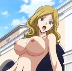 Rule 34 | 1girl, blonde hair, blue eyes, breasts, code geass, female focus, huge breasts, milly ashford, navel, nipples, nude, nude filter, open mouth, outdoors, sky, solo, third-party edit, zenra