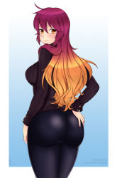 Rule 34 | 1girl, ass, blush, breasts, from behind, gradient hair, hand on ass, hijiri byakuren, large breasts, lindaroze, long hair, looking at viewer, multicolored hair, orange eyes, orange hair, pants, purple hair, shiny clothes, sideboob, skin tight, smile, solo, sweater, tight clothes, tight pants, touhou