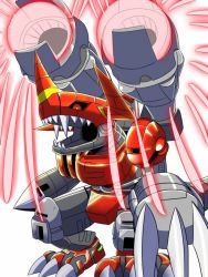 Rule 34 | black sclera, cannon, chaos lord, chaosdramon, claws, colored sclera, digimon, digimon world 2, dragon, green eyes, red eyes, sharp teeth, simple background, tail, teeth, white background