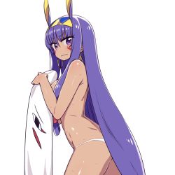 Rule 34 | 1girl, animal ears, blush, breasts, chan co, closed mouth, costume, covering privates, covering breasts, cowboy shot, dark-skinned female, dark skin, earrings, embarrassed, facepaint, facial mark, fate/grand order, fate (series), frown, furrowed brow, hair between eyes, hairband, holding, hoop earrings, jewelry, long hair, looking at viewer, low-tied long hair, medium breasts, medjed (fate), nitocris (fate), panties, purple eyes, purple hair, rabbit ears, shiny skin, simple background, solo, standing, straight hair, sweat, thighs, topless, tsurime, underwear, very long hair, wavy mouth, white background, white panties