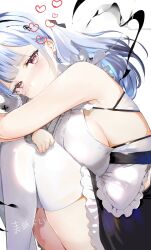 Rule 34 | 1girl, azur lane, blue hair, blush, breasts, dido (azur lane), doll, dress, earrings, frilled dress, frills, heart, highres, hoerutarou, hugging own legs, jewelry, large breasts, long hair, maid, pink eyes, solo, tearing up, thighhighs, two-tone dress, white thighhighs