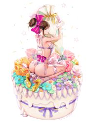 Rule 34 | 1girl, apron, ass, bad id, bad pixiv id, bow, brown hair, cake, doyak, flower, food, food on body, food on face, full body, gold, hair bow, hair bun, high heels, icing, jewelry, long hair, looking at viewer, nearly naked apron, necklace, original, oversized food, oversized object, panties, pastry bag, pearl necklace, ribbon, seiza, simple background, single hair bun, sitting, solo, underwear
