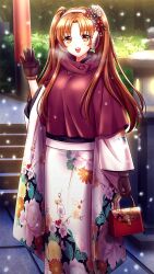 Rule 34 | 1girl, :d, bag, black gloves, bow, brown eyes, brown hair, doukyuusei another world, floral print, flower, fur-trimmed gloves, fur trim, game cg, gloves, hair bow, hair flower, hair ornament, handbag, holding, holding bag, japanese clothes, kakyuusei, kanou ryouko, kimono, long hair, long sleeves, official art, open mouth, outdoors, print kimono, red flower, smile, snowing, solo, twintails, very long hair, wading, white bow, white kimono, winter