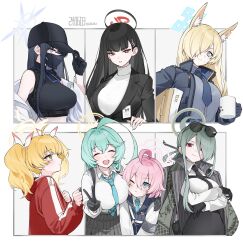 Rule 34 | 6+girls, ahoge, baseball cap, black gloves, black hair, black hat, black mask, black necktie, black shirt, black skirt, black vest, blonde hair, blue archive, blue eyes, blue halo, blue necktie, blue shirt, breasts, closed mouth, collared shirt, cup, eyes visible through hair, eyewear on head, flat chest, gloves, green hair, hair ornament, hair over one eye, hairpin, halo, hat, highres, holding, holding cup, hoshino (blue archive), hoshino (young) (blue archive), jacket, kanna (blue archive), large breasts, long hair, mask, mina (blue archive), mouth mask, multiple girls, necktie, open mouth, pink hair, pink halo, red eyes, red jacket, ringed eyes, rio (blue archive), saori (blue archive), shirt, short hair, sirin (sirin 8 8), skirt, sleeveless, sleeveless shirt, smile, sunglasses, sweater, twintails, vest, white shirt, white sweater, yellow eyes, yellow halo, yoshimi (blue archive), yume (blue archive)