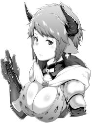Rule 34 | 1girl, animal ears, armor, breasts, cleavage, closed mouth, commentary request, earrings, granblue fantasy, greyscale, hood, hood down, horns, jewelry, large breasts, looking at viewer, monochrome, pauldrons, short hair, shoulder armor, simple background, solo, sturm (granblue fantasy), upper body, white background, yozo (stanky)